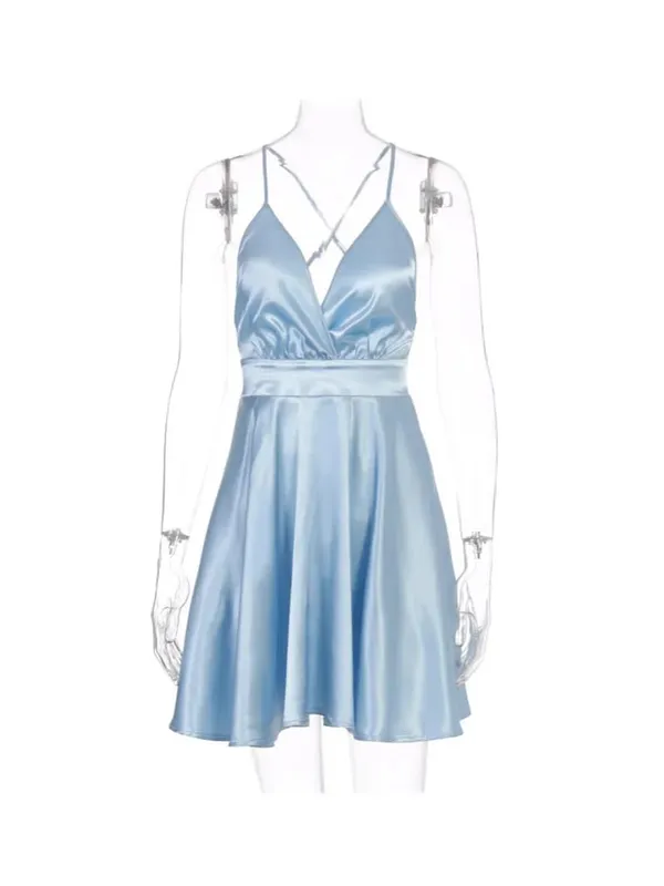 Summer Sexy 2000s European and American Solid Color V-neck Bow High Street Vintage style emo Strap Dress Strap A-line short Dres