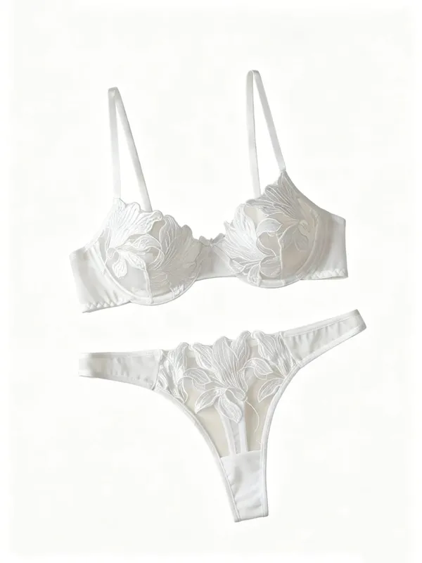 A1 Women White Floral Embroidery Lace Lingerie Set Sheer Mesh Underwire Bra Thong Panties 2 Piece Bridal Intimate Nightwear