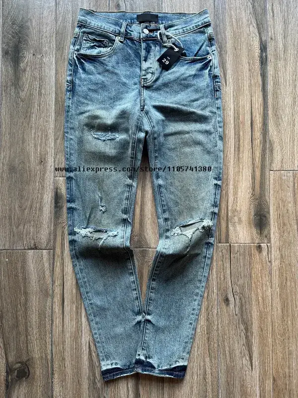 Men's High Street American School Boys Vintage Distressed Blue Stretch Skinny & Slim Fit Ripped Jeans