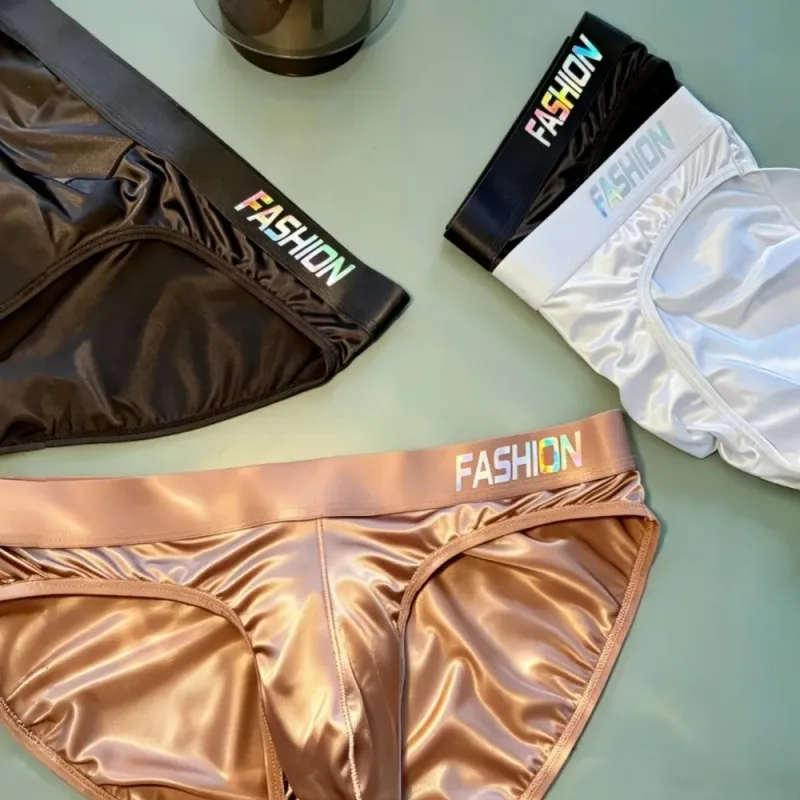 Underwear Men's Triangle Panties Low Waist Ultra Smooth Satin Silky Briefs Lingerie Gradient Letter Glossy Underpants Large Size