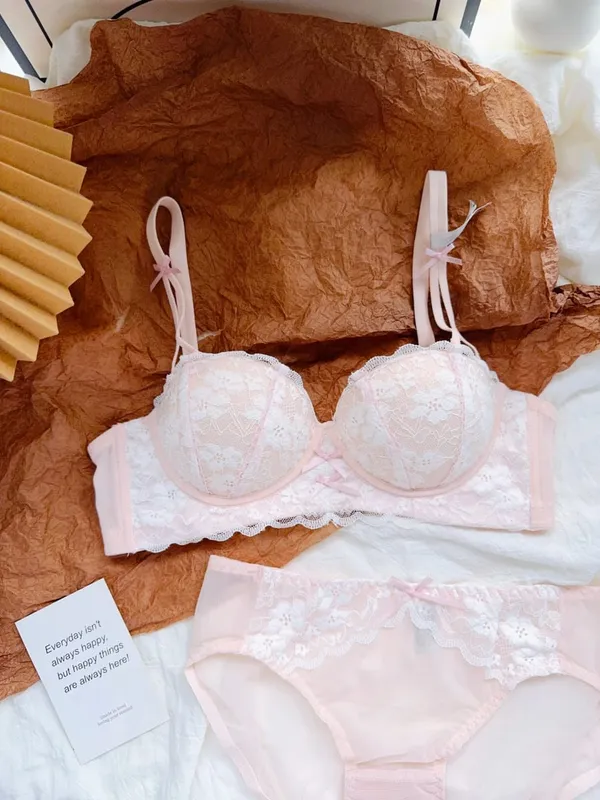 Sweet French Lace Women Bra Set Wire Free Push Up Lingerie Top Side Support Anti Sag Brassiere Panty Suit For Small Bust 32‑38