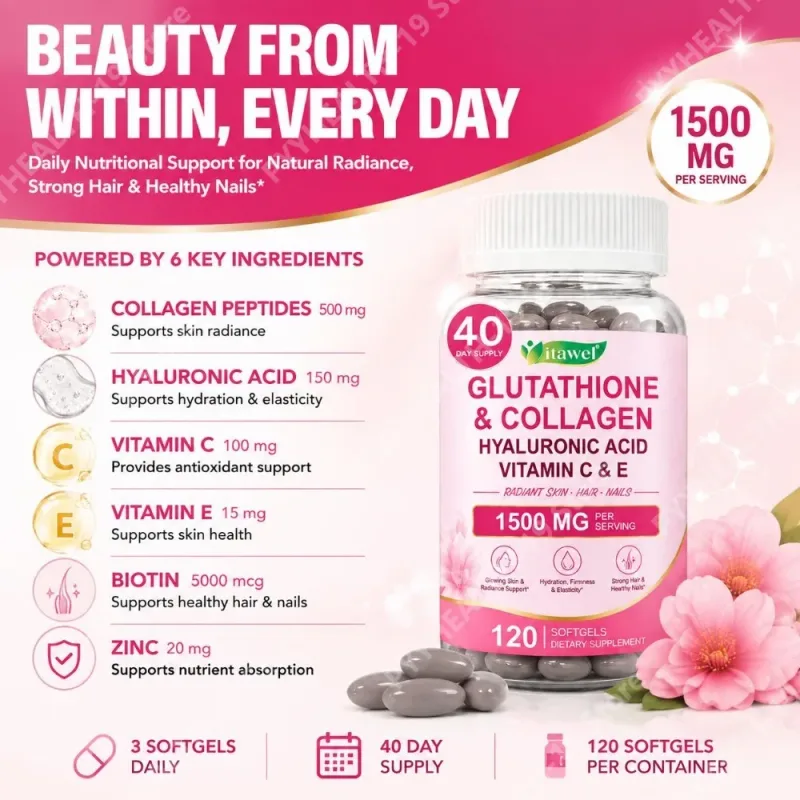 Itawel Collagen Glutathione Softgels Hyaluronic Acid Vitamins C E Para sa Balat Mga Kuko ng Buhok na Suporta sa Pang-adulto at Kagandahan 120 Bilang