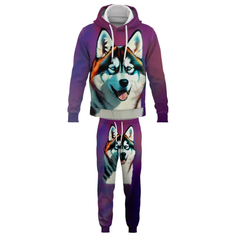 Moda animales perro 3D impreso otoño Sudadera con capucha traje hombres sudaderas pantalones de chándal Casual dos piezas conjunto de chándal ropa de hombre