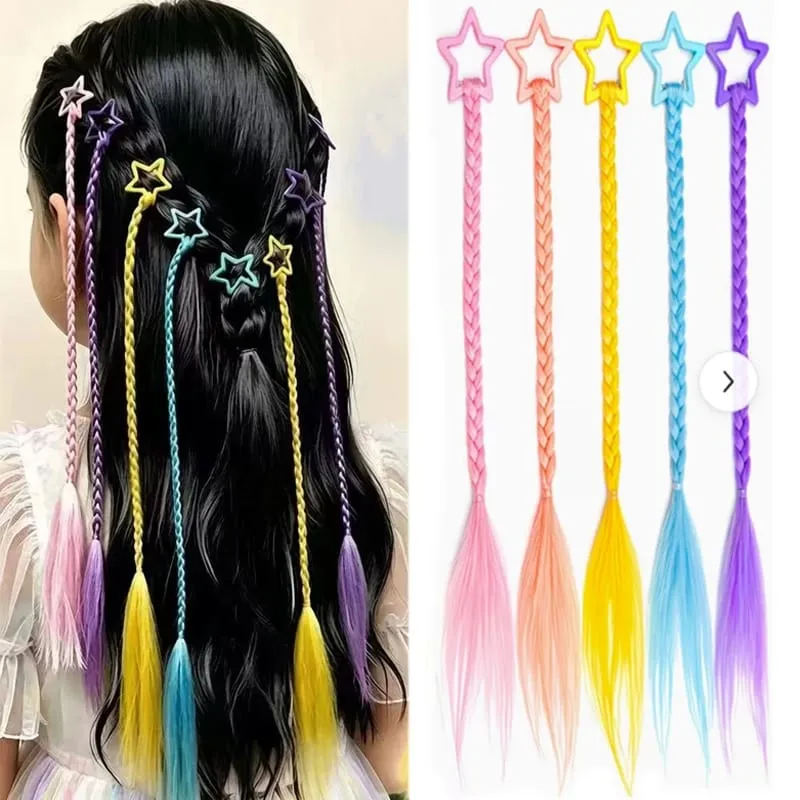 5Pcs Star Hair Clip Braids Extensions Colorful Synthetic Braid Hair Accessories for Girls Kids 35cm/14inch Y2K Party Cosplay