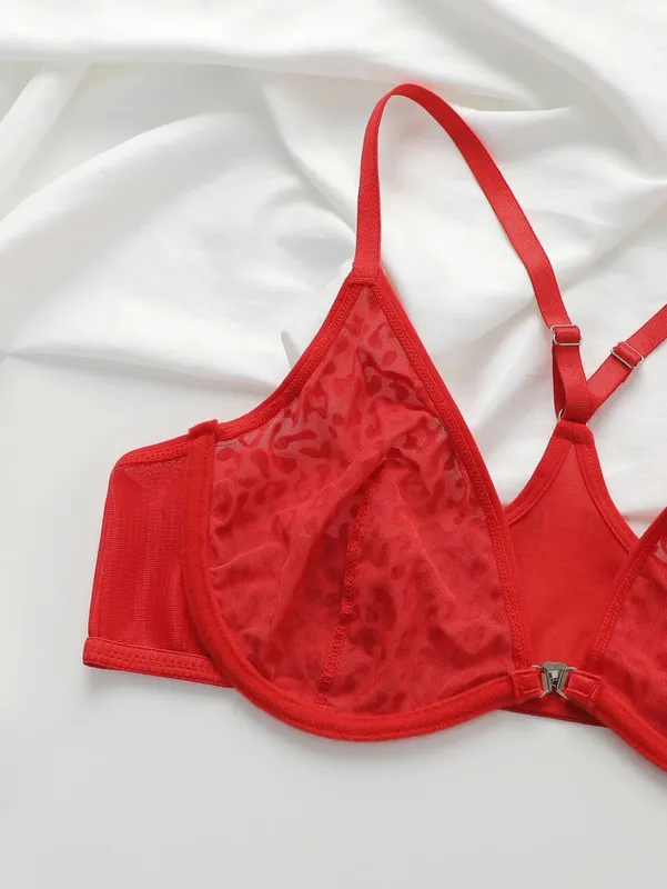 Women's sexy front buckle leopard print lingerie set with steel ring gathering push up comfortable close fitting bra YS3047