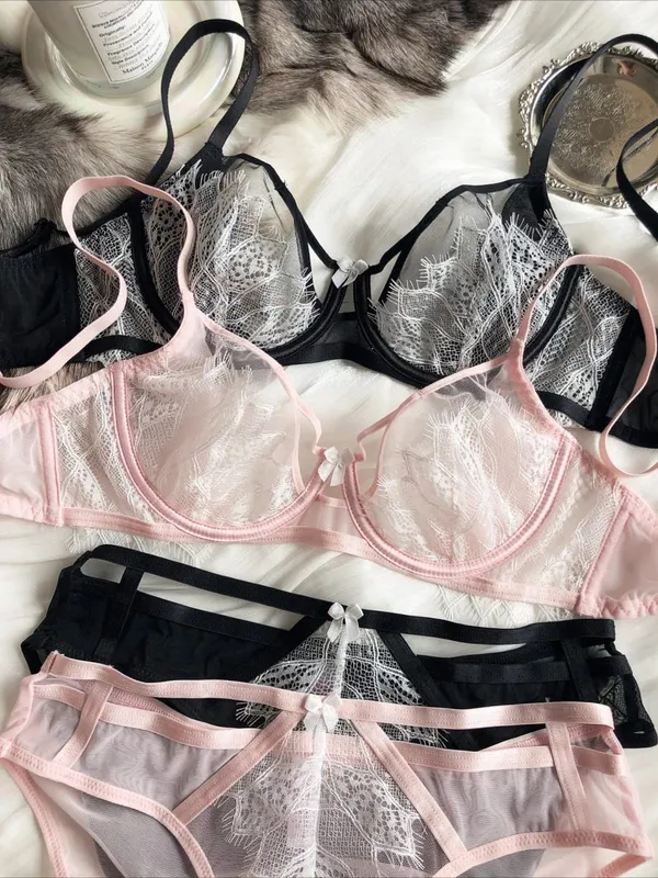 Summer Ultra Thin Women Underwear Sexy Hollow Push Up Bra Set French Lace Snowflakes Embroidery Lingerie Breathable Panties Set