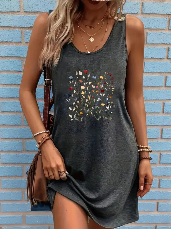 Women's round-neck blouse dress wild floral leaf pattern loose and soft blouse dress retro watercolor flower pattern