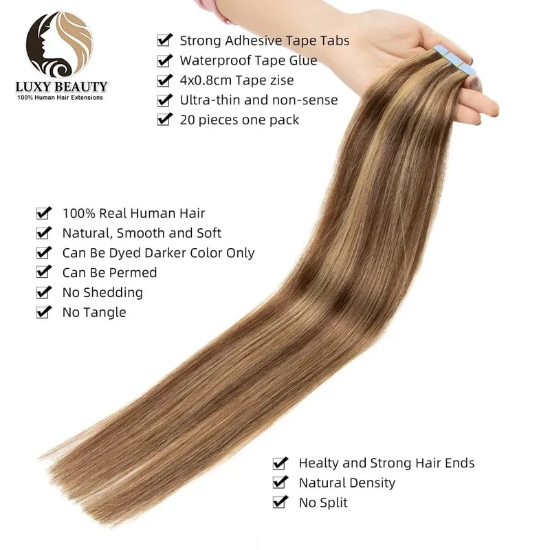 Fita balayage longa e reta em extensões de cabelo, cabelo humano real, sem costura, trama de pele, fita pu, cabelo natural, preto, marrom, loiro, 20 peças