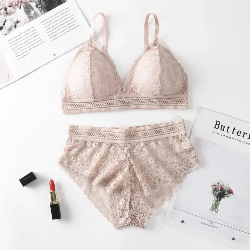 Lace Back Women Bra Set Without Steel Rims French Triangular Cup Comfortable Chest Covering Stretchable Skin Friendly Underwear