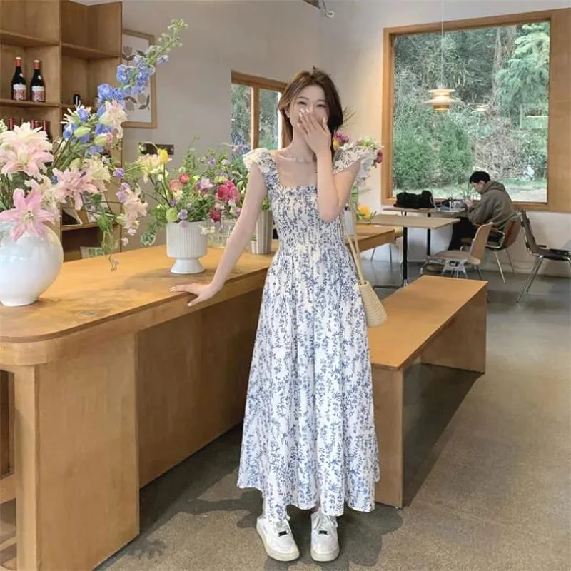 2026 New Gentle Floral Print Strap Dress Women Summer Cute Small Size Spicy Girl Style Long Dress Vacation Style Gathered Wai...
