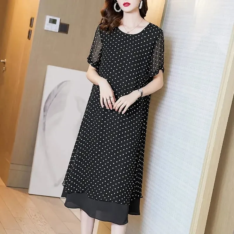 Verão mangas curtas cobrindo a barriga high end chiffon vestido 2026 novo tamanho grande solto dot estilo francês vestido longo feminino