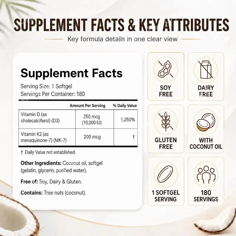 Vitamin D3 K2 Softgels with MK-7 10000 IU Vitamin D3 200mcg K2 Soy Free Gluten Free Daily Nutrition Supplement 300 Softgels