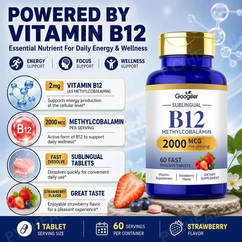 Googeer B12 Methylcobalamin Sublingual Fast Dissolve Tablets with Strawberry Flavor for Daily Body Comfort Support 60 Tablets