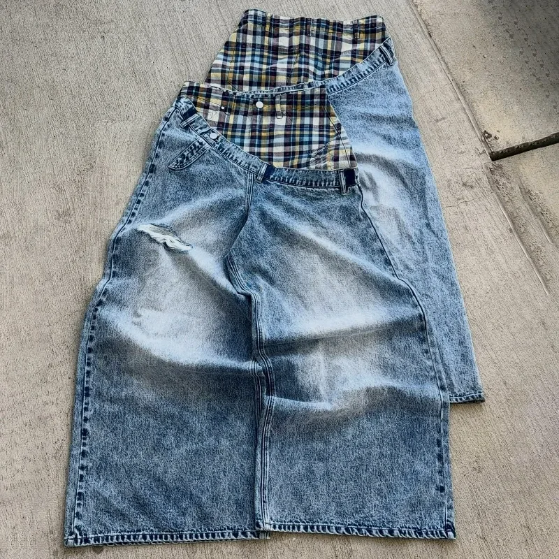 Y2k Harajuku Baggy Jeans Retro Plaid Patchwork Men And Women Wide Leg Pants American Hip Hop Streetwear Casual Jeans