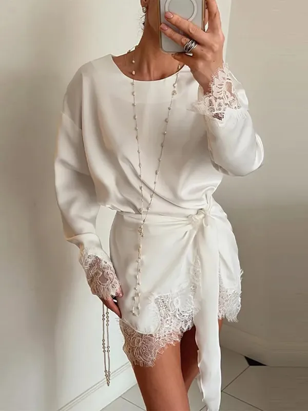 Satin Lace Patchwork Dress Women Long Sleeve O-neck Casual 2026 Spring Female Dresses Casual Solid Beach Robe Not Contain Pearls