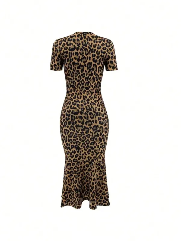 Spring Summer Fashion European Style Leopard Print round Neck Short Sleeve Fish Tail Hem Long Dress