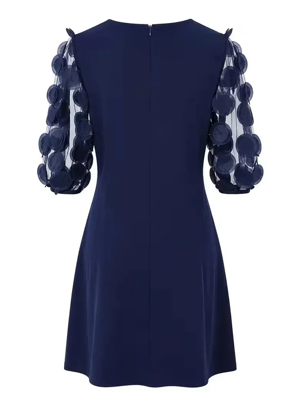 Women Elegant Round Neck Half Sleeve Cocktail Party Tunic Solid Color Loose skater Mini Dress