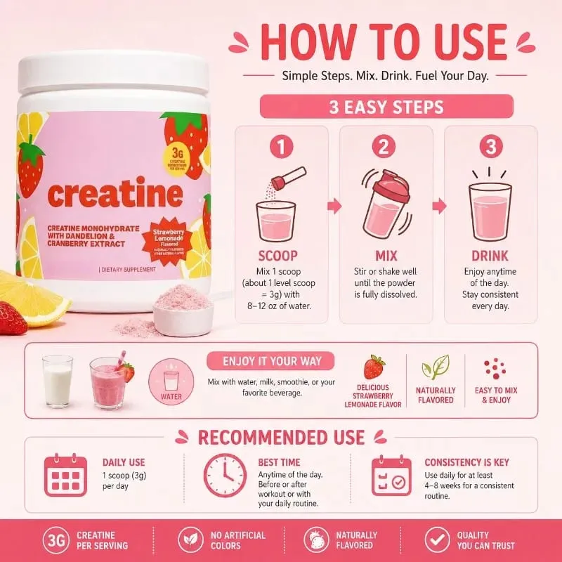 Women Creatine Powder 275g with 3000mg Creatine Monohydrate & Dandelion Cranberry Extract Support Energy Recovery After Exercise