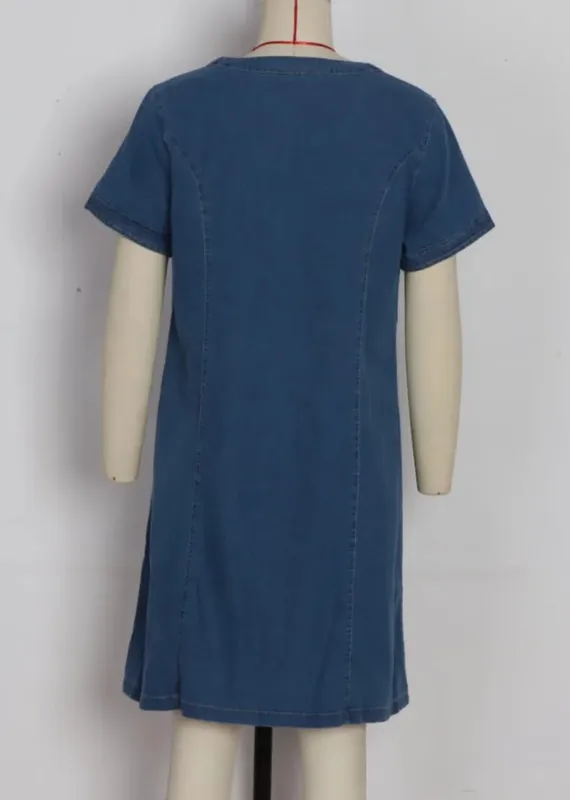 Denim Dress Women Streetwear Dresses V Neck Short Sleeves Pockets A Line Vintage Distressed Washed Summer Vestidos LYQ603122
