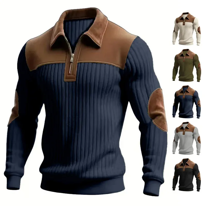 Hoodies men's sweatshirt 2026 new knitted lapel stitching embroidery casual sports autumn zipper sweatshirt man's clothing
