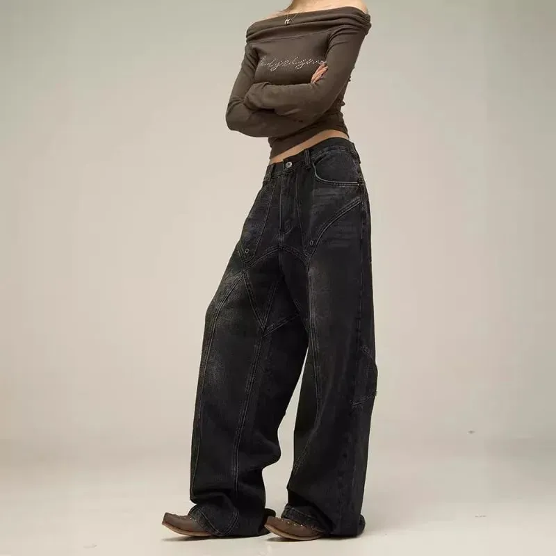 Vintage Black Washed Baggy Jeans Geometric Stitched Seam Wide Leg Denim Pants Y2K High Waist Loose Streetwear Trousers Men Women