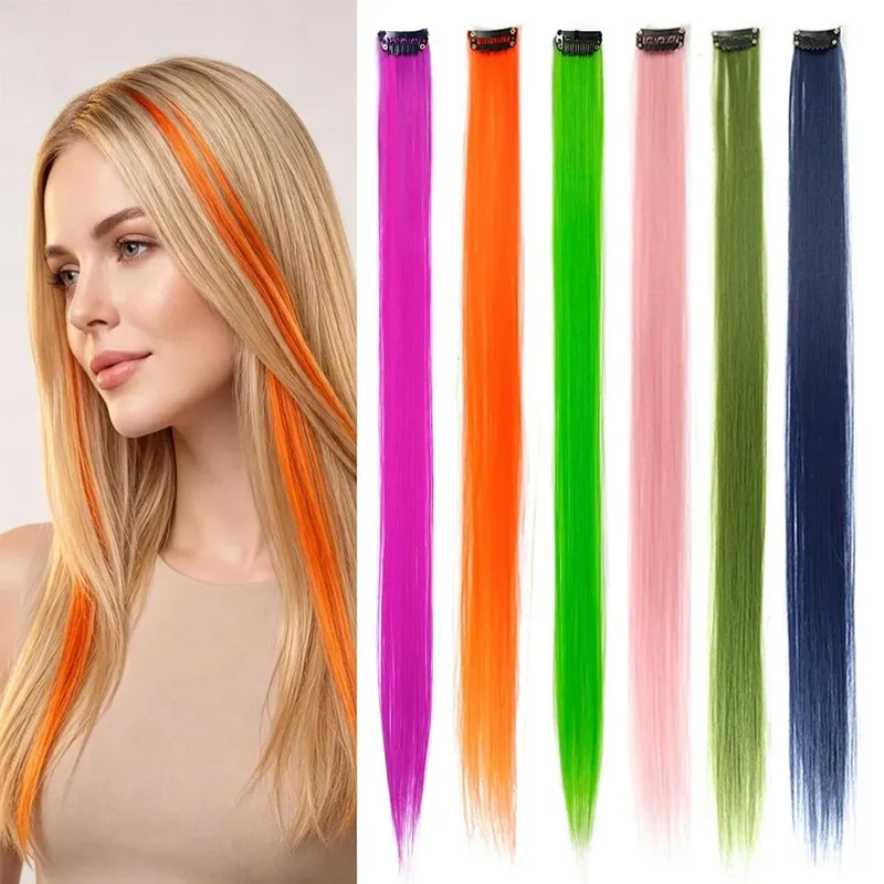 Colored Hair Extensions Synthetic 22Inch Straight Orange Green Clip in Hair Extension Rainbow Accessories Party Highlights Hair