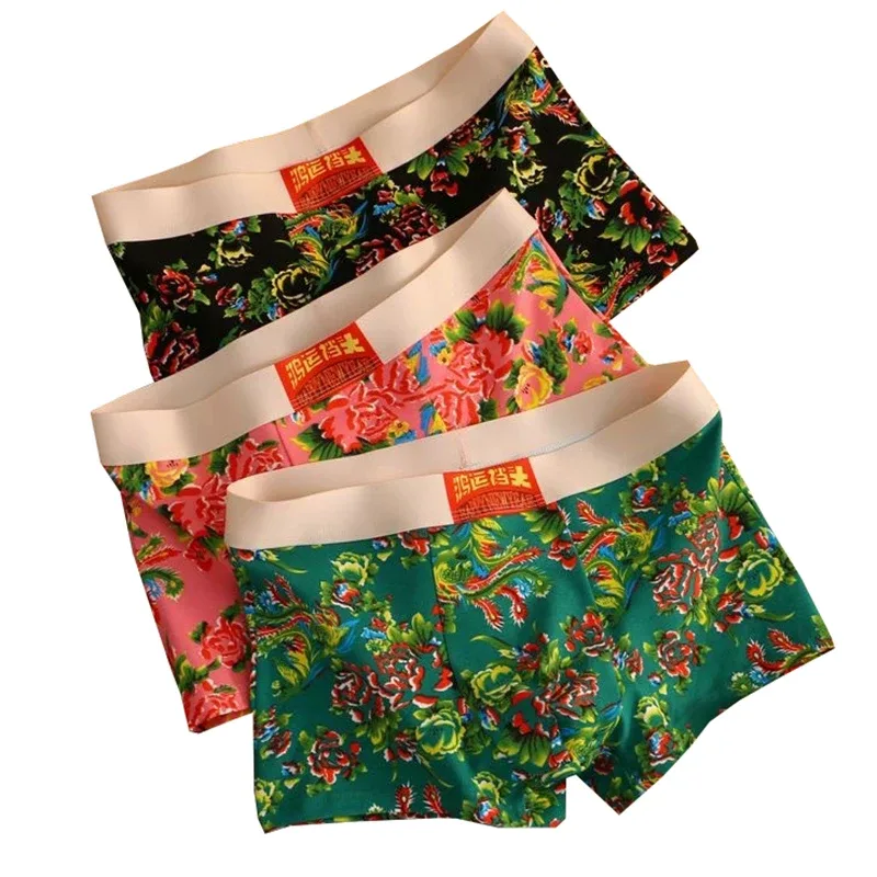 3PCS Fashion Trend Northeast Big Flower Printed Men's Underwear Breathable Comfortable Antibacterial Boxer Shorts