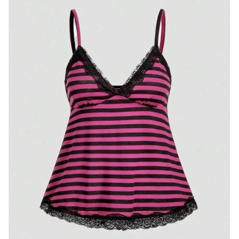 European and American New Summer Punk Style Sexy Y2K V-Neck Contrasting Striped Thin Shoulder Strap Vest