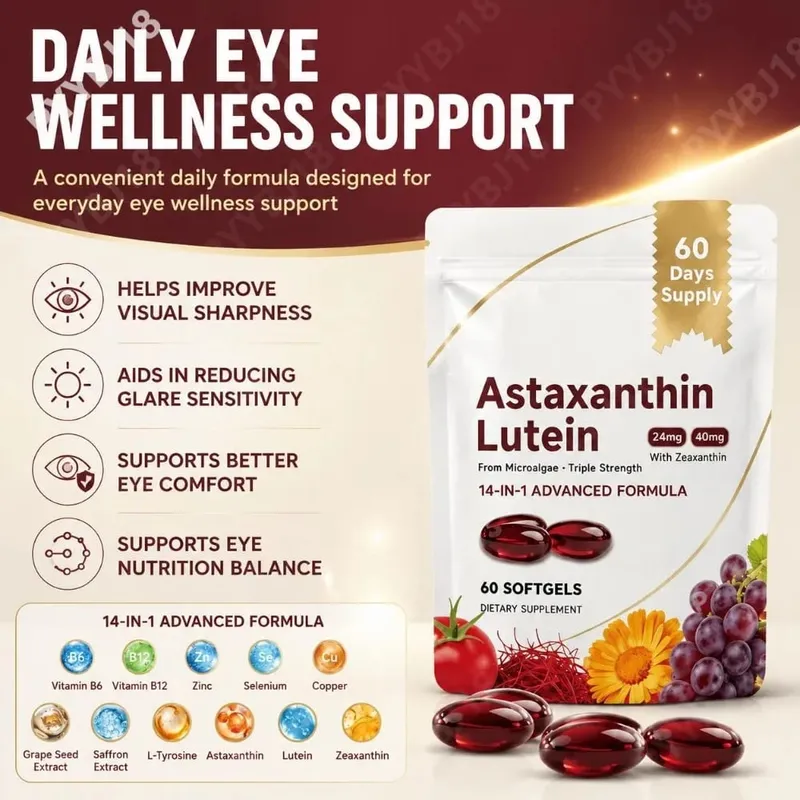 Triple Strength Eye Supplement Lutein Astaxanthin Zeaxanthin Vision Support for Screen Glare & Digital Eye Strain 60 Softgels
