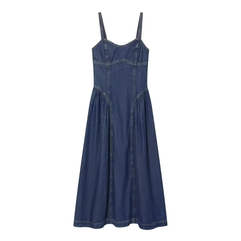 Women Denim Slip Dress with Flared Hem Fashion Casual Backless Sleeveless A-line Dress Female Vacation Style Dresses