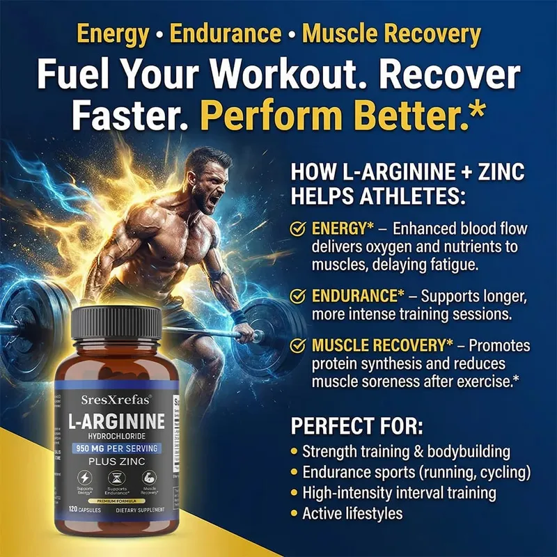 Men's L-Arginine 950mg Capsules - Supports Blood Circulation Workout Endurance & Muscle Growth Mercury for Adult 120 Capsules