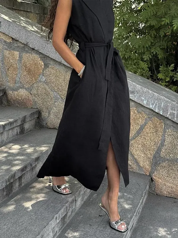 Bornladies 2026 Spring Summer New Women's Sleeveless Shirt Dress Elegant Casual Collared Tie-Waist Fitted Maxi Dress