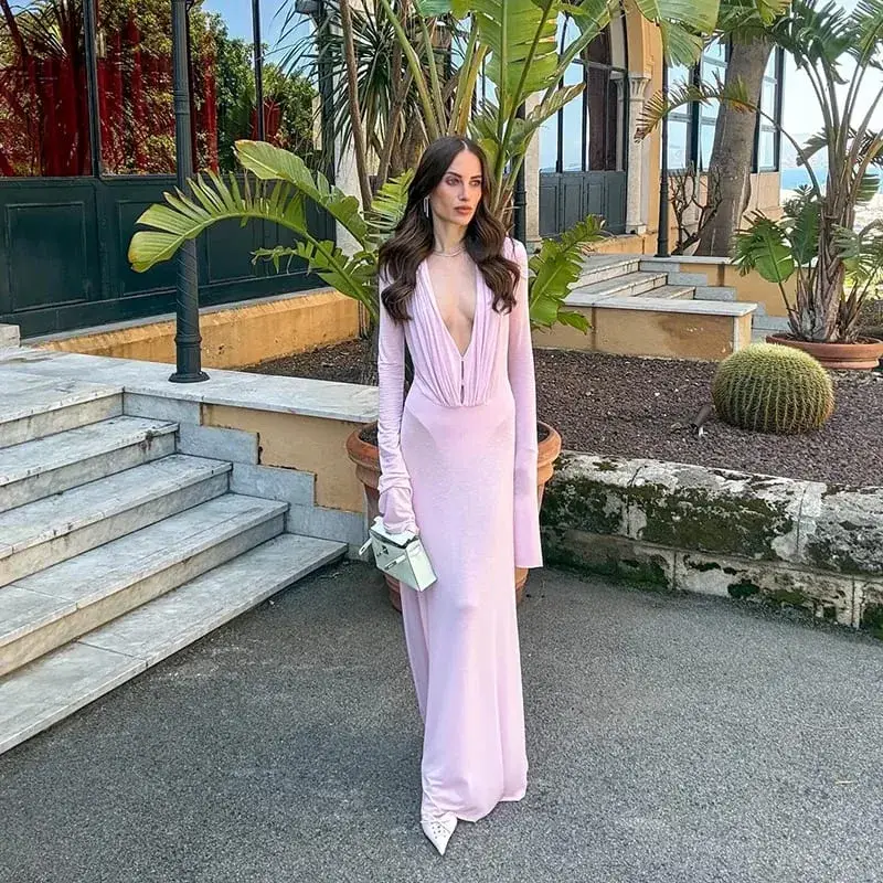Women's Sexy Sheer Mesh Long Sleeve Maxi Dress Deep V Neck Long Sleeve Party Gown Stylish Lady Ruched Slim Fit Club Beach Wear