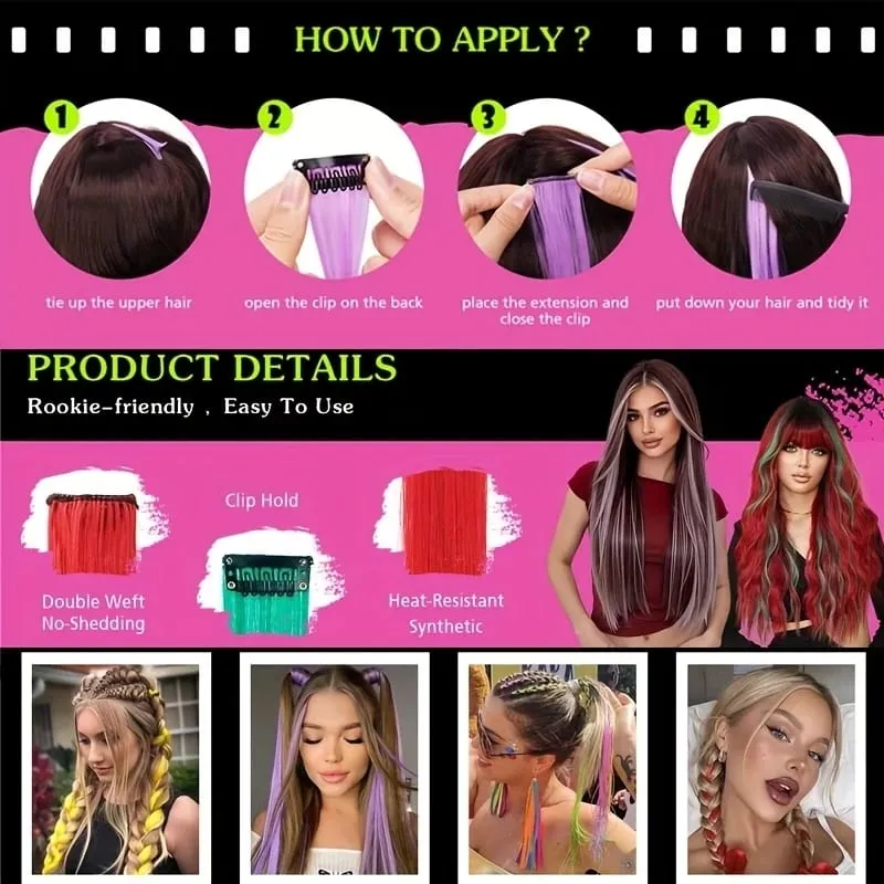 22Inch Synthetic Long Straight 5pcs Clip in Hair Extension Colored Rainbow Hairpieces for Women Daily Use