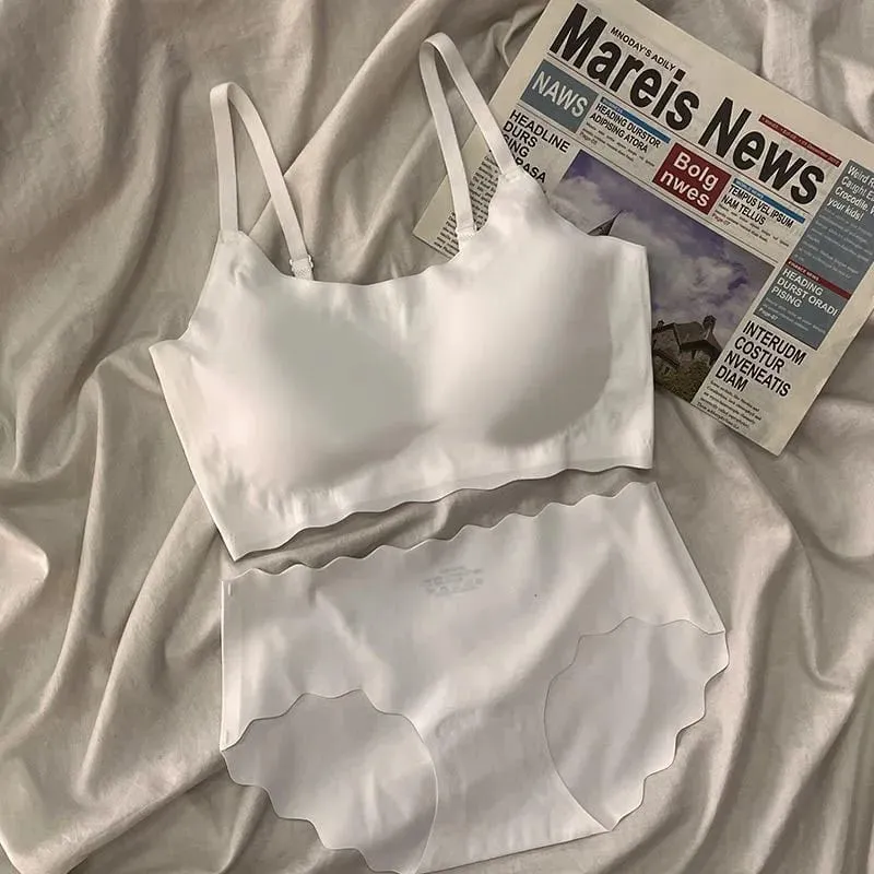 Seamless Scalloped Edge Bra And Panty Set For Women Skin-friendly Wireless Comfortable Lingerie Set Detachable Underwear Coaster