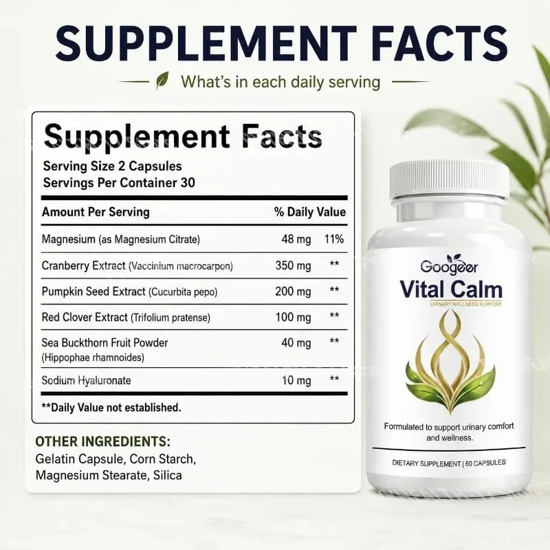 Googeer Vital Calm Capsules for Adult Urinary Wellness Support and Comfort with Magnesium and Cranberry Extract 60 Capsules — image 2