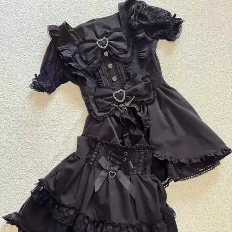Jirai Kei Dark Sweet Lolita Mini Dress Women Bowknot Lace Puff Corset Heart Ruffle Cake Skirt Japanese Kawaii Harajuku Fashion