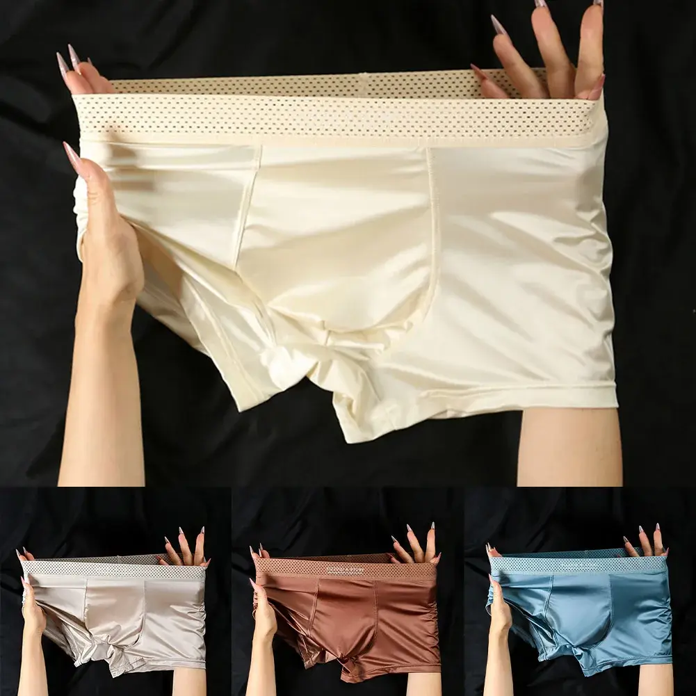 1pc Männer Satin-wie Eis Seide Boxer Glatte Höschen Aushöhlen Bund Unterhose Atmungs Einfarbig Unterwäsche Stamm