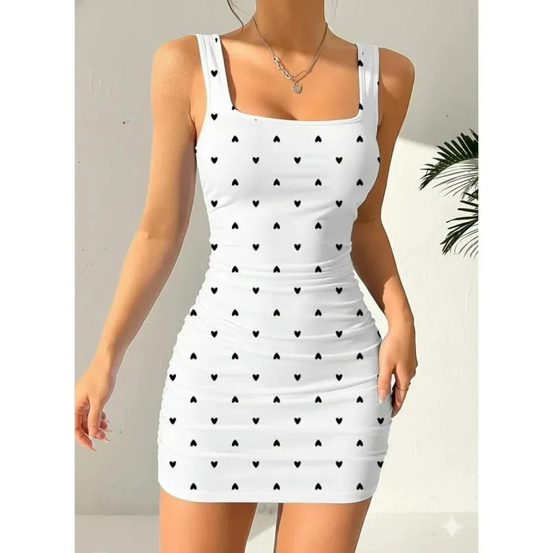 Women's Heart-Shaped Printed Sleeveless Dress Summer Casual Square Collar Waist Cinched mid Length Skirt with Shoulder Straps