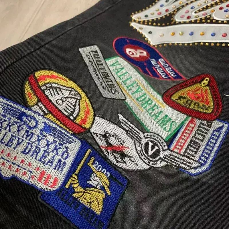 New Y2K Colorful Rhinestone VALLEY Embroidery Patch Label Denim Shorts Jorts Men Women High Quality Loose Straight Short Jeans