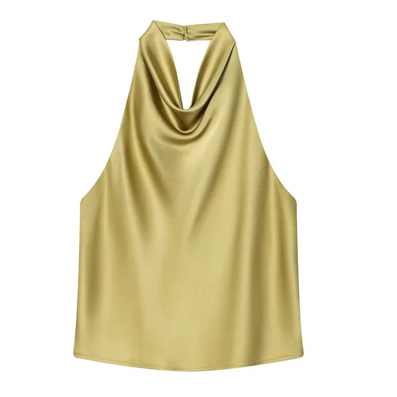 Women's Tanks Halter Top Women Sleeveless Green Crop Tops Summer Satin Party Evening Top Backless Sexy White Black Top