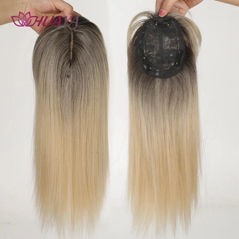 Synthetic Ombre Dark Root Golden Toppers Wig Hair Piece for Women Heat Resistant Cilps in Hair Extensions Invisible Clourse Clip