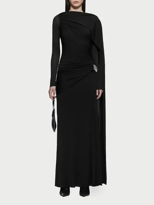 Slimming Spliced Folds Temperament Dresses for Women Round Neck Long Sleeves Patchwork Ribbon Dress Female Clothing