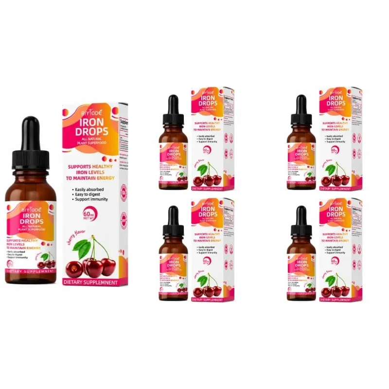 Iron Drops Liquid Supplement 18 Mg (100% DV) Ferrochel Ferrous Bisglycinate Chelate Easy Absorption Cherry Flavor 60ml
