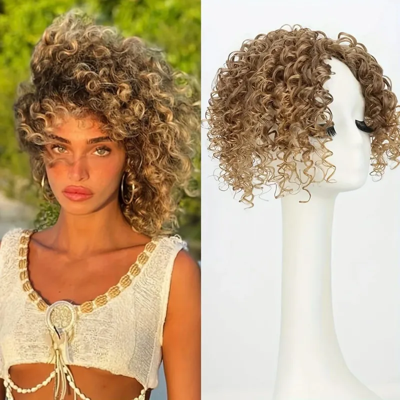 8inch Fluffy Natural Afro Kinky Curly Short Hair Toppers Hairpieces Clip-on Synthetic Hair Pieces for Women with Thinning Hair