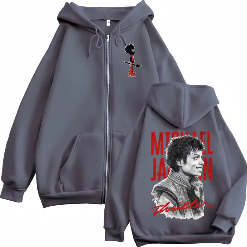 90's Rock Singer Michael Jackson Graphic Zipper Hoodies Vintage Fashion Zip Up Sweatshirts Men Women Casual Oversized Pullovers