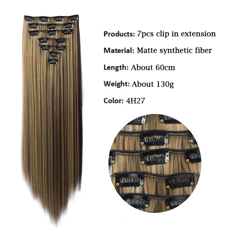 7Pcs/Set Long Straight Clip in Hairpiece Synthetic Clip in Hair Extensions Brown Highlight Blonde Natural Soft Hairpieces