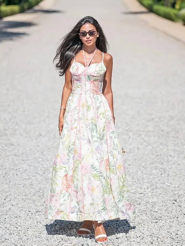 Floral Print Women 's Maxi Dress Spaghetti Strap Corset A Line Long Dresses Female 2026 Summer Fashion Vacation Woman Vestidos