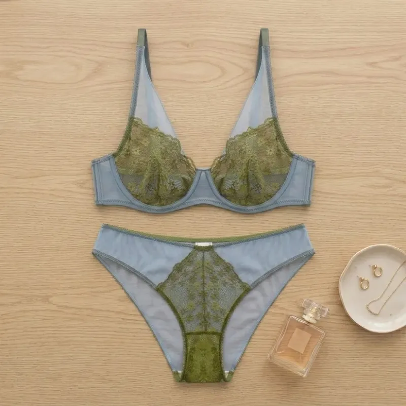 French Vintage Mesh Lace Flower Bra Set Brassiere Underwear Push Up Bra Women Lingerie Thin Mesh Bra Panties Kit Lady