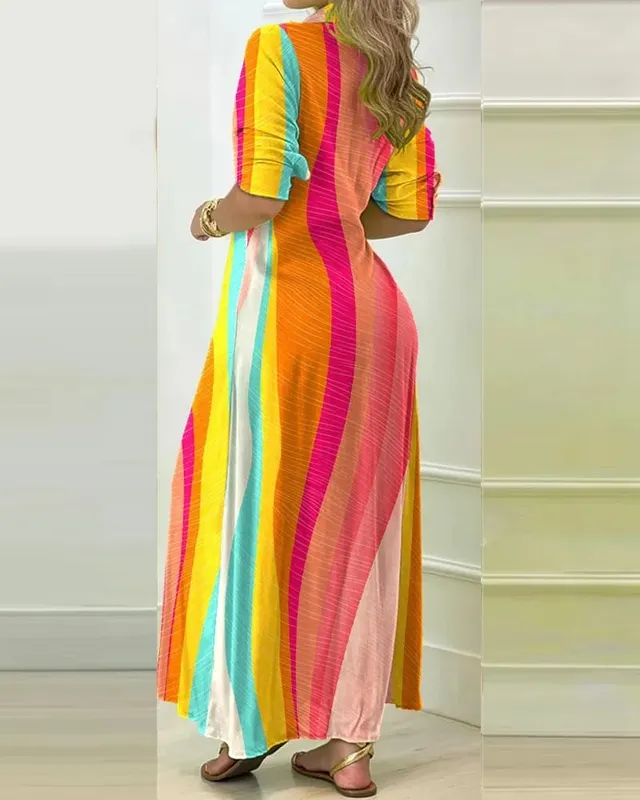 2024 Summer Long Sleeved V-neck Button Up Shirt Dress For Women Casual Striped Printing Single Breasted High Split Maxi Dresses